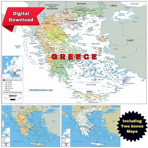 Printable GREECE Political Map   Bonus Topography & Road Poster A3 Size JPG Download - Etsy