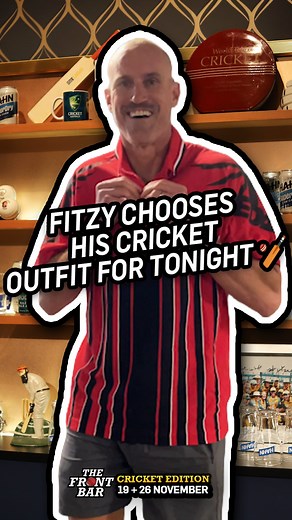 Fitzy's outfit for tonight is sorted. He's paying homage to a hero: Joe Scuderi! 👑 #TheFrontBar Cricket Show | Wednesday | 8.30pm AEDT 📺🏏 | The Front Bar