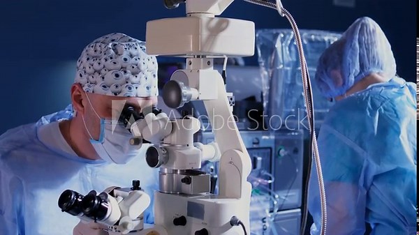 A surgeon looks through a microscope at a patient's eyes in the operating room. A doctor uses a microscope during eye surgery, teamwork of medical workers for cataract treatment and diopter correction