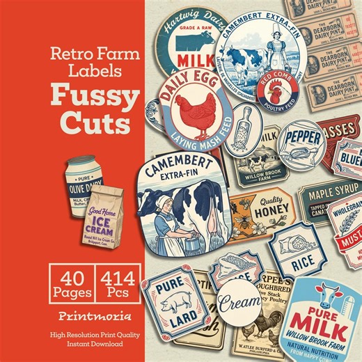 Retro Farm Labels Fussy Cut: Printable Retro Food Labels, Junk Journal Ephemera, Vintage Milk Egg Honey Labels (digital Instant Download) - Etsy