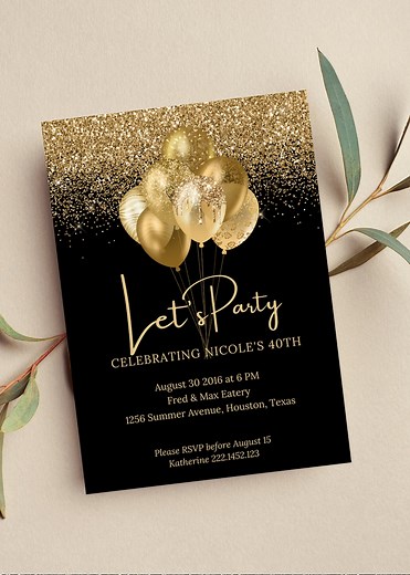 Editable Black and Gold Birthday Invitation, Let's Party Gold Balloons Invite, Printable - Etsy