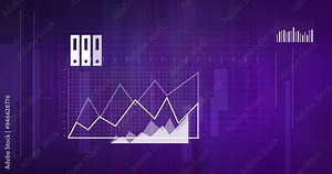 Graph and pie chart animation over purple background with bar chart and folders