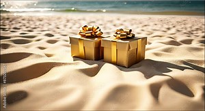 Beach scene with present boxes on the sand on a sunny day. Gift boxes on sunny tropical beach with swaying palm trees and ocean for social media visuals, holiday, travel, beach wedding or birthday ads