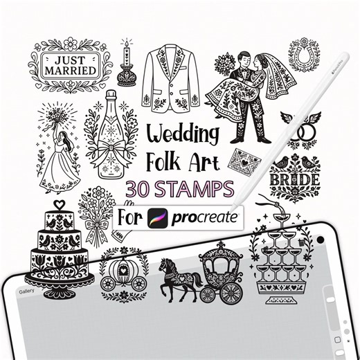 30 Wedding Folk Art Procreate Stamps: Scandinavian Marriage (digital Brush Set) - Etsy