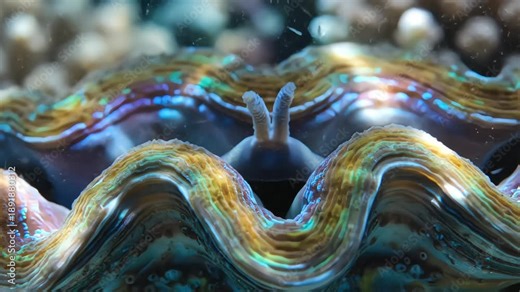 Macro view of a Giant Clam Tridacna mantle showing vibrant iridescent colors and pulsating siphon in a tropical coral reef environment