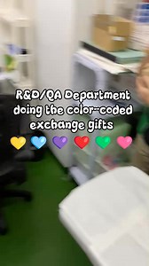 R&D/QA Department: Color-coded exchange gifts edition. ❤️💛🩵💚 #Worklife #ColorCodedGiftExchange #GiftTrend | OLC Cosmetics Manufacturing