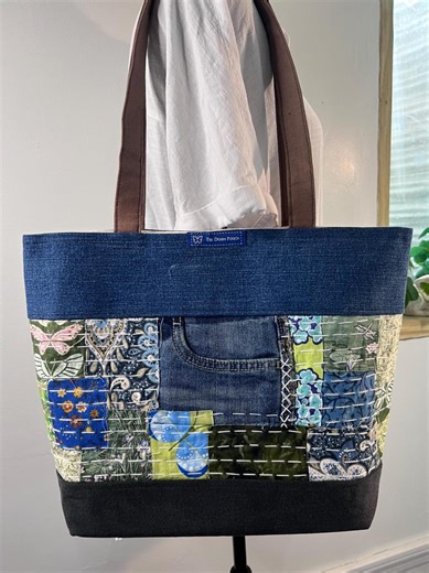 Handmade Patchwork Tote Bag, Sashiko Stitch, Denim, Everyday Shoulder Tote With Padded Straps - Etsy