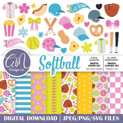 Hand Drawn Softball Clipart & Digital Paper, Girl Sports Seamless Patterns, (commercial Use PNG, SVG, JPEG) - Etsy
