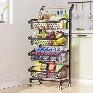 Kitchen Storage Cart with Lockable Wheels, Multifunctional 4 Tier Rolling Cart with Wood Handle and Adjustable & Detachable Vegetable Baskets for Kitchen, Living Room, Dining Room, Bathromm