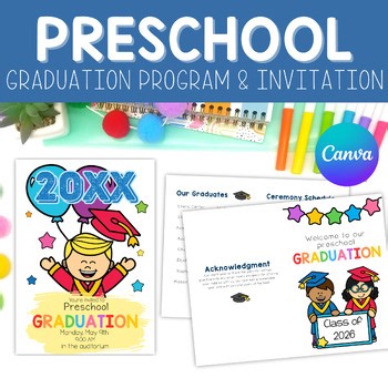 Editable Preschool Graduation Program & Invitation Class of 2026, Canva Template