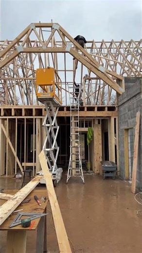 Trusses going up! #construction #cabinbuild #diy