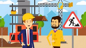 2d Animated Cartoon Construction Site With Architect And Worker Talking To Each Other. Logs Being Transported With Crane.