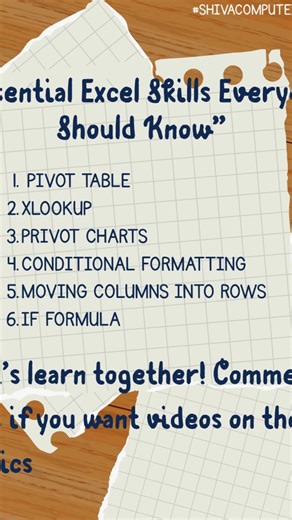 SHIVACOMPUTERINSTITUTE on Instagram: "Excel skills every student and professional should know. Upgrade your Excel knowledge. Upgrade your career. #excellearning, #officeskills, #computerclasses, #skilldevelopment, #careergrowth"