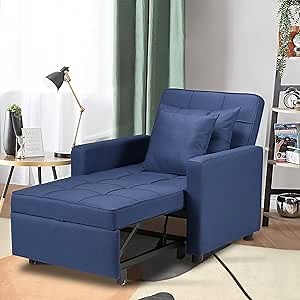 Convertible Chair Sleeper Bed, Futon Chair Bed 3-in-1 Pull Out Sleeper Chair Bed with Adjustable Backrest Modern Single Armchair Sofa Bed for Living Room(Blue)