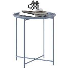 Outsunny 46cm Round Garden Table Side Table with Removable Tray, Blue Grey