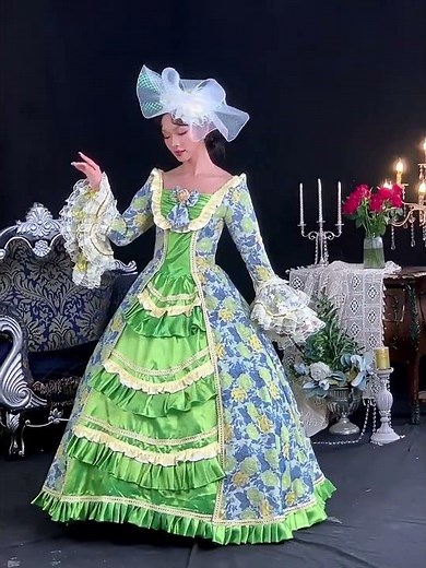 Renaissance Ball Gown Green Floral Long Sleeve Lace Ruffle Victorian Tea Party Holiday Dress