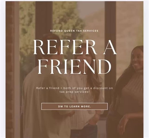 💸 TURN YOUR FRIENDS INTO $200 💸 Love your refund? Let it pay you BACK 👑 Refer someone to Refund Queen Tax Services and when they file AND receive their refund, you’ll get: ✨ $200 REFERRAL REWARD Yes — it’s that simple.They get expert tax prep.You get paid. Tax season gets BUSY and spots fill fast — send them now. 📩 DM “REFERRAL” to get your referral link/details🔗 Or book here — Link in bio #RefundQueen #TaxReferral #ReferAndEarn #200Referral #TaxSeason2026 FileWithAPro BossBabeBusiness Wome
