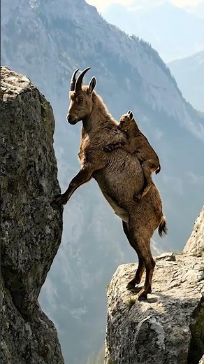 Mama Goat Teaches Baby Goat to Jump Across a Dangerous Cliff