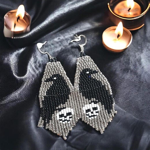 Funky Raven Skull Earrings Beaded Crow Gothic Jewelry for Mystic Edgar Allan Poe Fans - Etsy