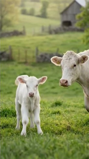 In a peaceful green meadow under soft daylight, a loving white cow gently feeds her little calf,
