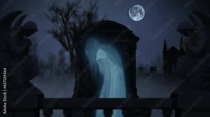 Graveyard, cemetery. Ghost stands in the center of the frame. Statues on the sides, huge tombstone, gravestone. Halloween, spooky season.