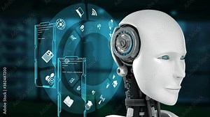 Futuristic robot, artificial intelligence CGI big data analytics and programming . Robotic man 3D render animation .