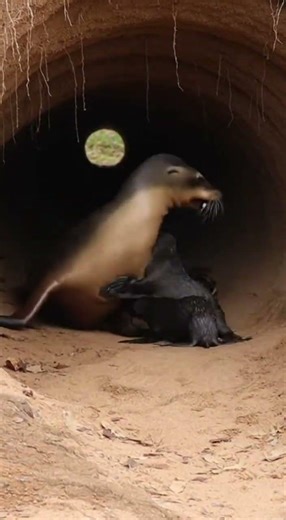 Sea lion mother blocks hollow entrance from python