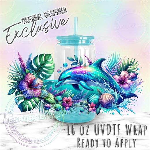 UV DTF Blue Tropical Dolphin Wrap for 16oz Glass Can Cup Snowglobe Tumblers, Waterproof UVDTF Transfer Sticker, Iridescent Ocean Beach