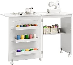 Giantex Folding Sewing Craft Table, Sewing Cabinet with 3 Storage Bins and Shelf, Rolling Craft Station Sewing Machine Work Desk with Lockable Wheels for Apartment Small Spaces, White