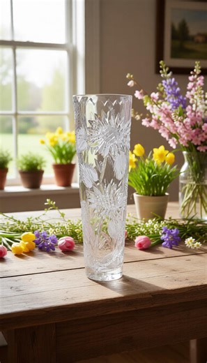Vintage American Brilliant Lead Crystal Cut Glass Etched Sunflowers and Leaves Tall Vase - Etsy
