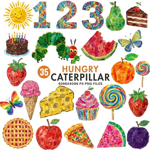 Very Hungry Caterpillar Clipart Bundle, Caterpillar PNG, Storybook Characters, Birthday Party Decor, Classroom Decor, Watercolor Fruits Set - Etsy