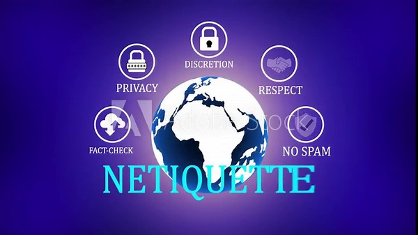 Netiquette concept featuring a globe surrounded by digital representing online privacy discretion respect fact check and video animation.