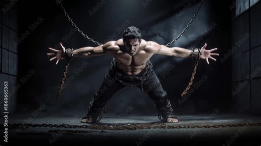 Captive man straining against heavy metal chains in dark industrial setting. Muscular male struggling for freedom and breaks the chains