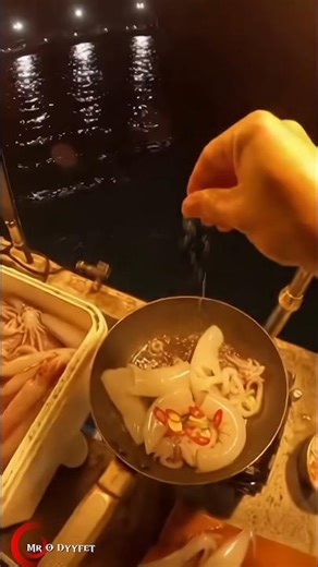 Fishing for squid and then cooking it directly on the boat 🌙🦑 #SquidFishing