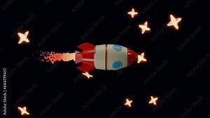 Loop 3d animation of a rocket flight in space. The rocket is flying along a straight trajectory in outer space.