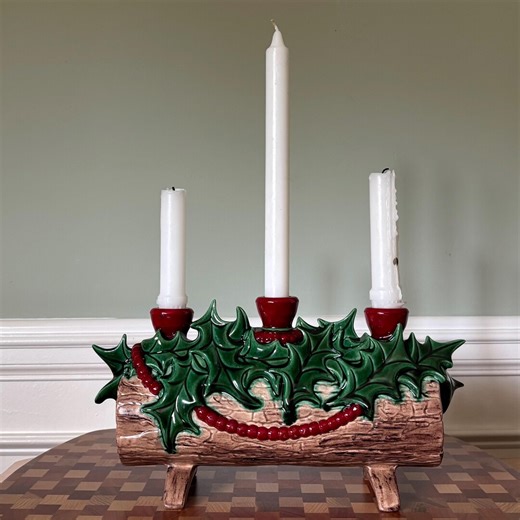 Atlantic Mold Ceramic Yule Log Candle Holder, Christmas Holly and Berry Garland, Handpainted, Signed, Vintage 1977 - Etsy