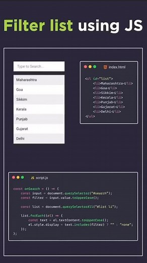 Riya 🙋‍♀️ | HTML CSS JavaScript ‼️ on Instagram: "JavaScript Filter List 🚀 JavaScript filter list search is a method for filtering and searching through a list of items using JavaScript🔥 Follow @codewith_riya for more such projects 👀 . . #frontenddeveloper #codingisfun #developer #htmlcss #sourcecode #100daysofcode #js #developerpodcast"