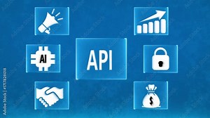 Central API text surrounded by icons for AI, megaphone, growth chart, lock, handshake, and money bag Stock Video