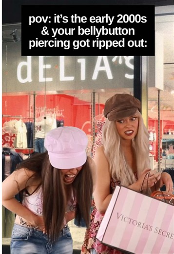 Who else lived in constant fear of snagging their belly ring on something?! 🙋🏻‍♀️ Being an #early2000s girl meant risking it ALL for fashion. Between the low-rise jeans, dangling waist chain belts, and belly button piercings - building out a fit was an extensive process. #millennials #y2kfashion #bellybuttonpiercing #nostalgia