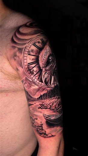Eagle Tattoo with Clock and Canadian Landscape