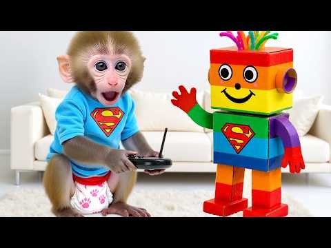 Monkey Baby Bon Bon and Little Duckling Play with a Magic Remote Control and a Giant Cardboard Robot