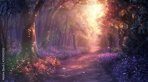 morning fantasy background in a forest. path through the woods magical fantasy forest at sunrise. seamless looping overlay 4k virtual video animation background
