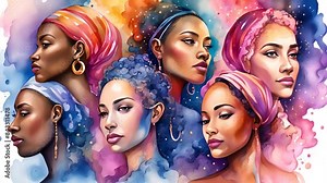 A vibrant watercolor painting featuring diverse women in colorful headwraps, highlighting beauty, strength, and cultural richness through artistic expression.