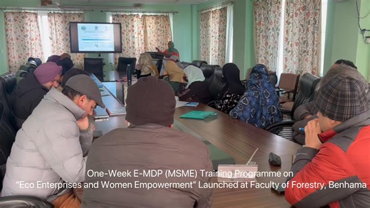 One-Week E-MDP (MSME) Training Programme on “Eco Enterprises and Women Empowerment” Launched at Faculty of Forestry, Benhama Benhama: The Division of Forest Biology and Tree Improvement, Faculty of Forestry, Benhama, successfully kick-started a one-week Entrepreneurship–Management Development Programme (E-MDP) under MSME, titled “Eco Enterprises and Women Empowerment.” The programme aims to promote eco-friendly entrepreneurship and strengthen livelihood opportunities for women. The inaugural ses