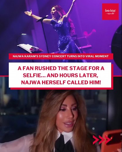 Najwa Karam turned a viral Sydney moment into a heartwarming story 🇦🇺✨ The fan who rushed the stage, Fady, got a call from Najwa hours later — and she even invited him to another concert as her guest 😭❤️ #LovinBeirut #NajwaKaram #Sydney #Lebanon