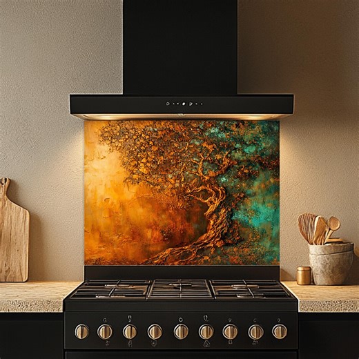 Textured Olive Tree Tempered Glass Backsplash: Copper Turquoise Abstract Panel - Etsy