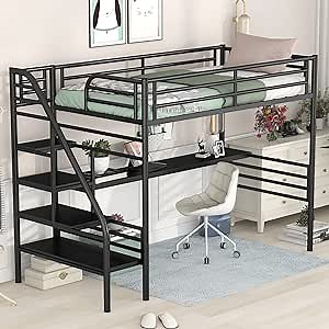 Bellemave Twin Metal Loft Bed with Desk and Stairs, Modern Heavy-Duty Steel Frame Loft Bed with Safety Rail for Kids Teens Adults (Black)