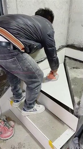 Installing ceramic tiles on stairs with very sharp angles#youtubeshorts #trending