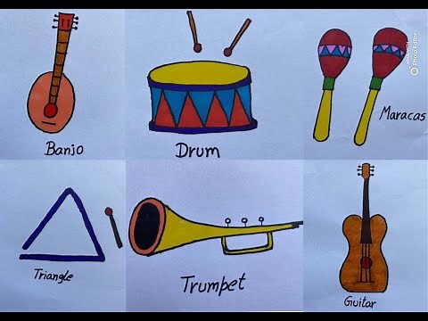 Easy musical instruments drawing|Learn how to draw Drum,Maracas,Guitar,Triangle,Banjo, Trumpet