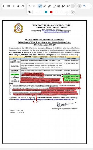 Jammu University PG/UG-PG Admission 2026 | Documents Verification 1st Allocation List |